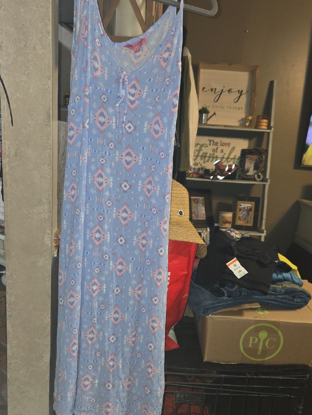 Simply Southern Light Blue and Pink Aztec-Print Slip Dress
